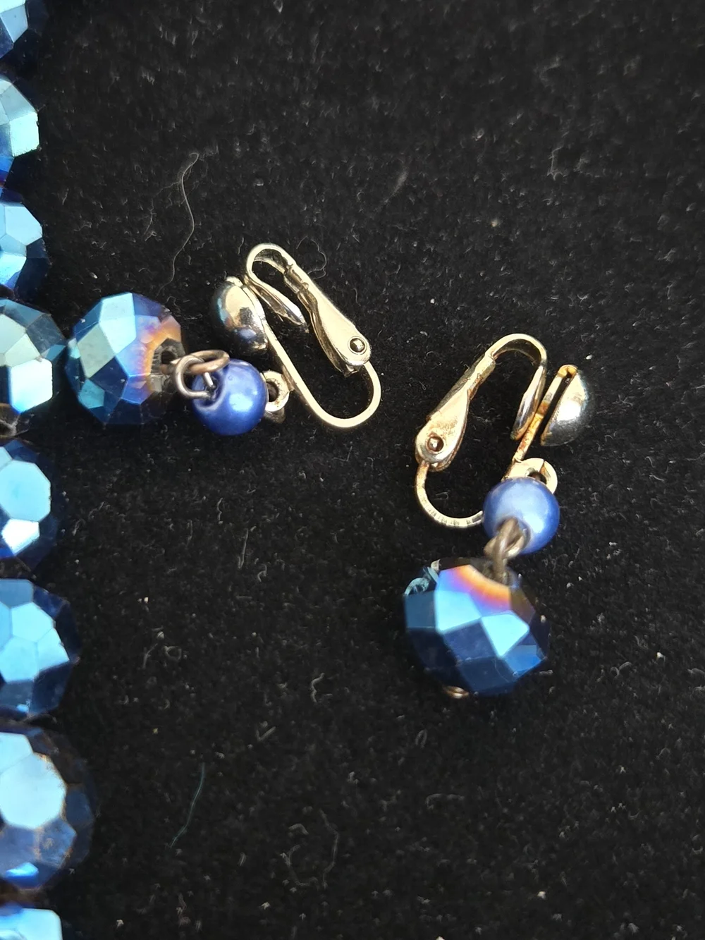 Blue Faceted Mid Century  AB Crystal Necklace and Clip-On Earrings Set